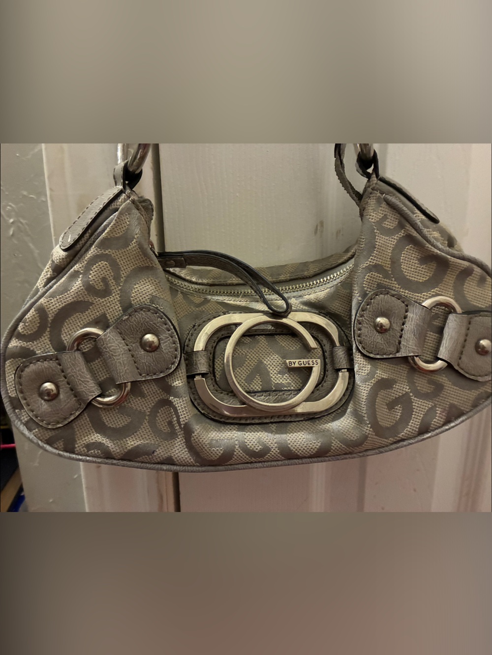 Guess Metallic Silver/Gray Logo Shoulder Bag
